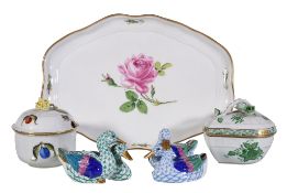 An assortment of modern Herend porcelain, comprising; two similar models of duck, a box and cover,