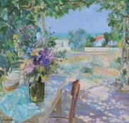 Zinaida Zatsepina (Russian 1910-1989) - Garden with vase of flowers Oil on canvas Signed and dated