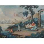 Chinese School Chinese scholars by a lake with children playing oil on canvas 69cm x 91cm
