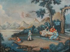Chinese School Chinese scholars by a lake with children playing oil on canvas 69cm x 91cm
