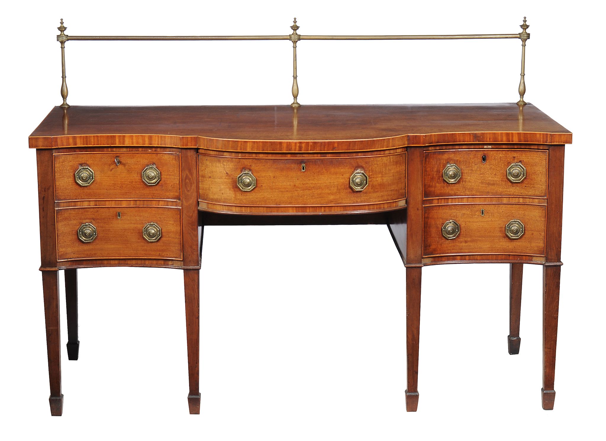 A George III mahogany sideboard, circa 1790, of serpentine outline, with an associated rail, 91cm