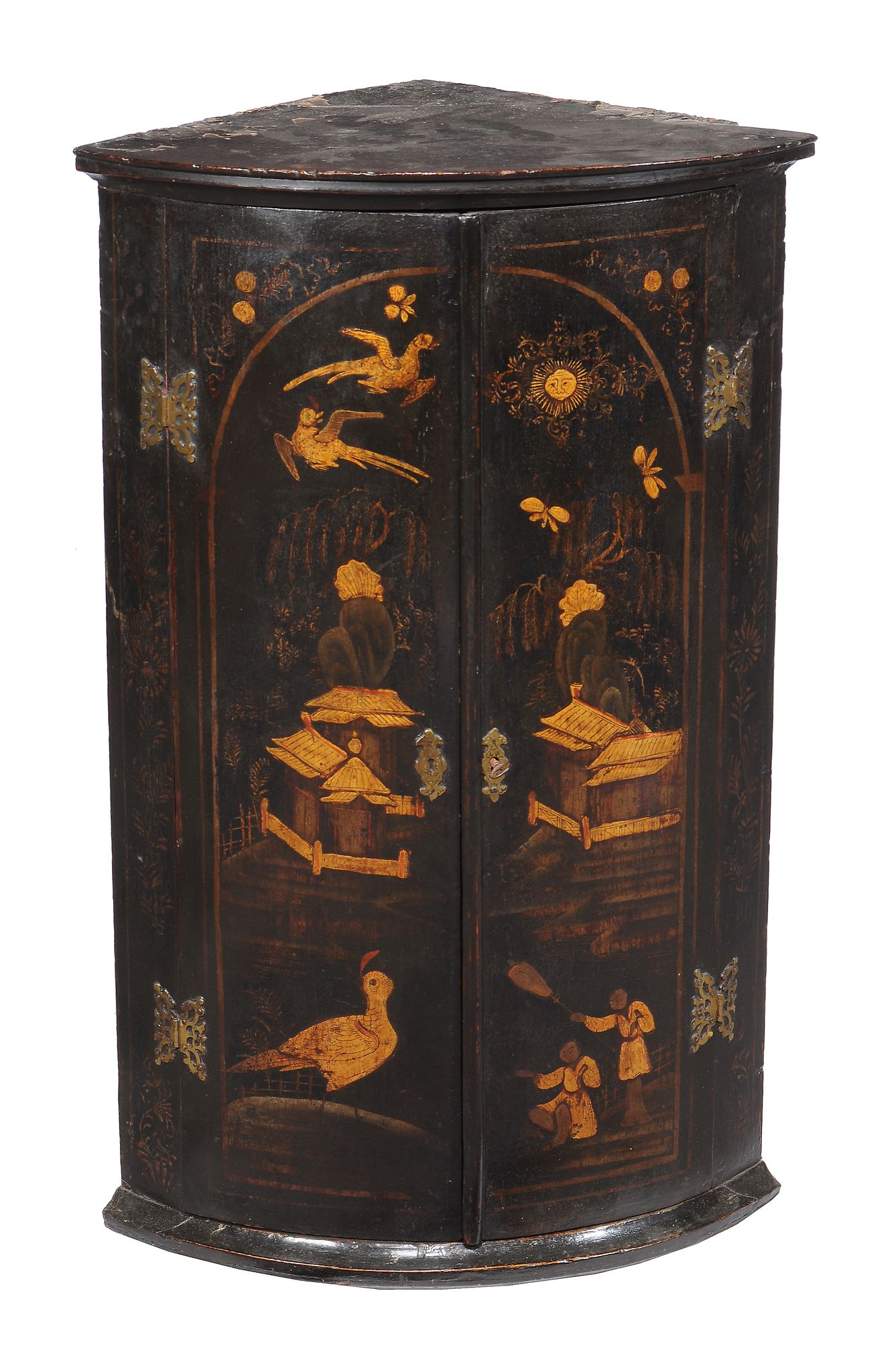 A George II black lacquer and gilt chinoiserie decorated hanging corner cupboard , circa 1740, of