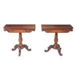 A pair of mahogany card tables in Victorian style , circa 1860, probably French, each top opening