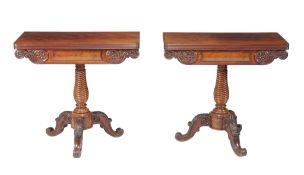 A pair of mahogany card tables in Victorian style , circa 1860, probably French, each top opening