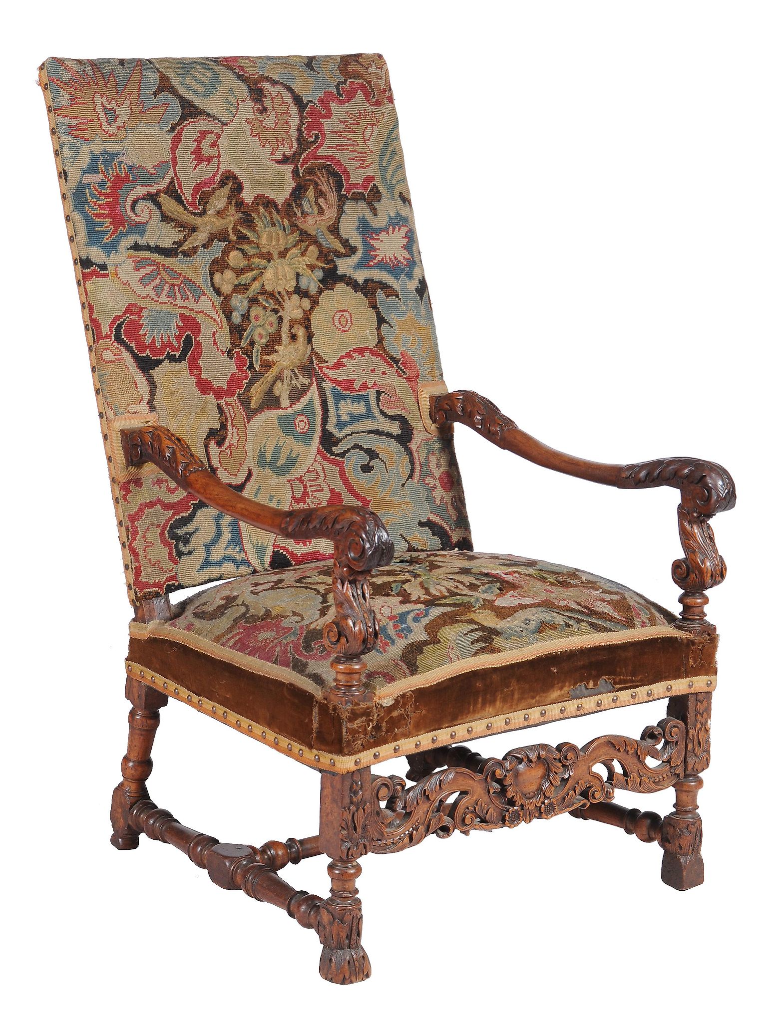 A Louis XIV carved walnut armchair, late 17th/ early 18th century, the rectangular back and seat - Image 2 of 4
