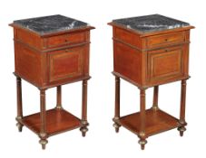 A pair of French walnut and marble mounted bedside tables, 20th century, each 83cm high, the marble