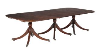 A mahogany triple pedestal dining table, in George III style, 20th century, 74cm high, the top 284