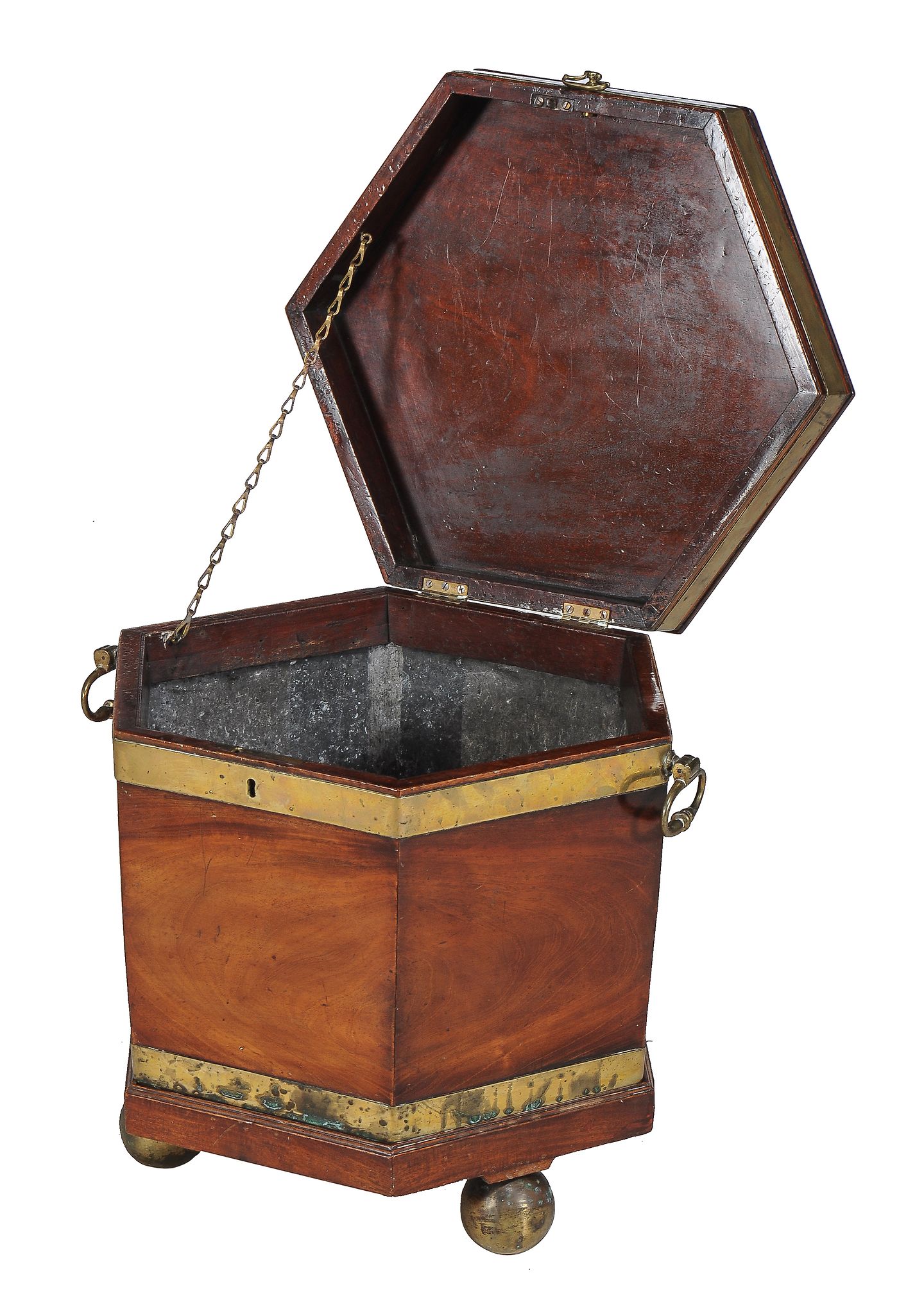 A George III mahogany and brass bound cellaret , circa 1780, now on brass ball feet, 43cm high, - Image 2 of 2