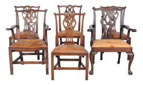 A set of five George III mahogany dining chairs , circa 1770, in the manner of Thomas Chippendale,