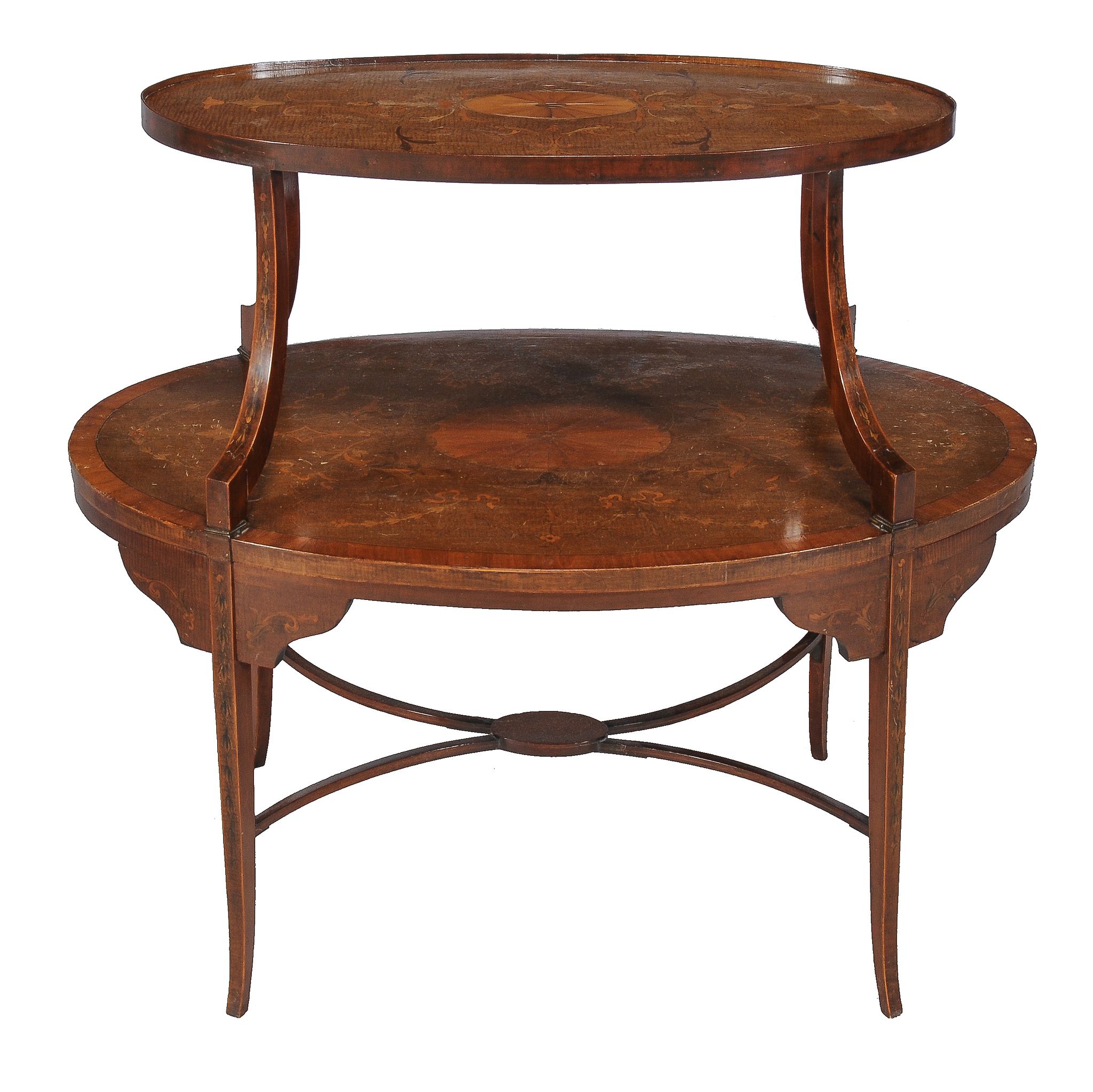 An Edwardian fiddleback mahogany and marquetry inlaid two tier etagere, circa 1910, 90cm wide