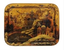 A Regency painted papier mache tray on later stand, the tray circa 1815, the stand 20th century,