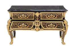 A pair of marble topped ebonised commodes , 20th century, each with substantial gilt metal mounts,