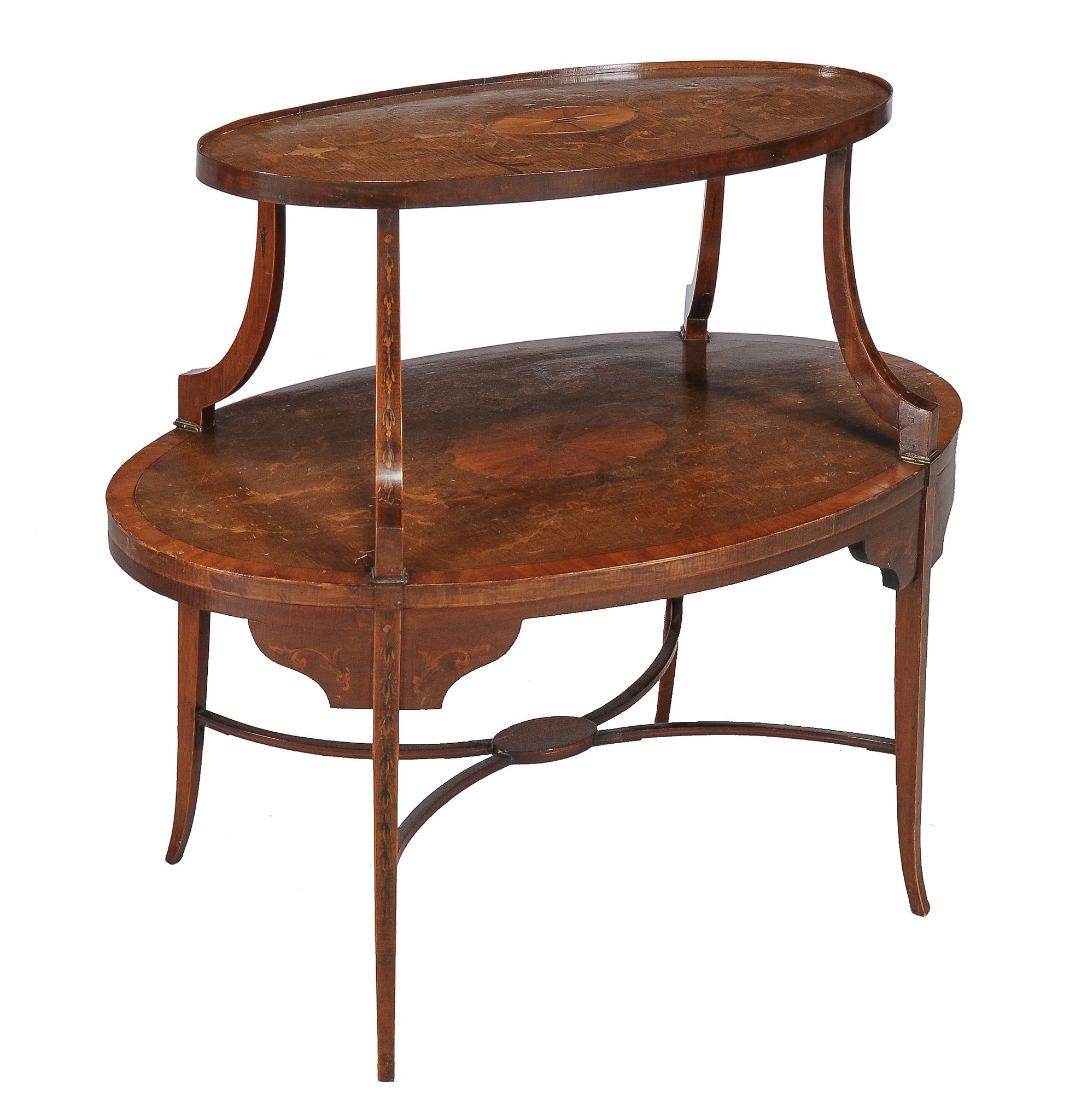 An Edwardian fiddleback mahogany and marquetry inlaid two tier etagere, circa 1910, 90cm wide - Image 2 of 2