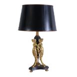 A gilt and patinated metal table lamp in Empire taste, early 20th century, with tole-peinte shade