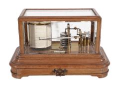 A walnut cased barograph, J. Hicks, London, circa 1900, the mechanism with seven segment aneroid