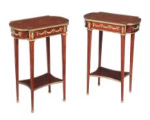 A pair of mahogany and parquetry inlaid side tables, second half 20th century , each 72cm high,