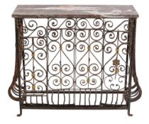 A wrought iron and parcel gilt console table , late 19th century, 82cm high, the red variegated