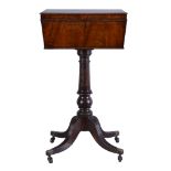 A mahogany teapoy, circa 1820 and later, the caddy top vacant and now velvet lined, 75cm high, 41cm