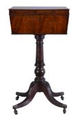 A mahogany teapoy, circa 1820 and later, the caddy top vacant and now velvet lined, 75cm high, 41cm