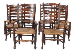A harlequin set of eight ash and elm ladder back chairs , 18th century, to include two carvers,