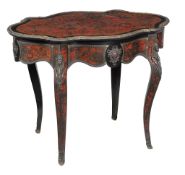 A Napoleon III ebonised and boulle centre table , circa 1870, with single blind frieze drawer, 76cm