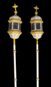 A pair of Continental tole peinte pole lanterns, 19th century, decorated in yellow and cream, each