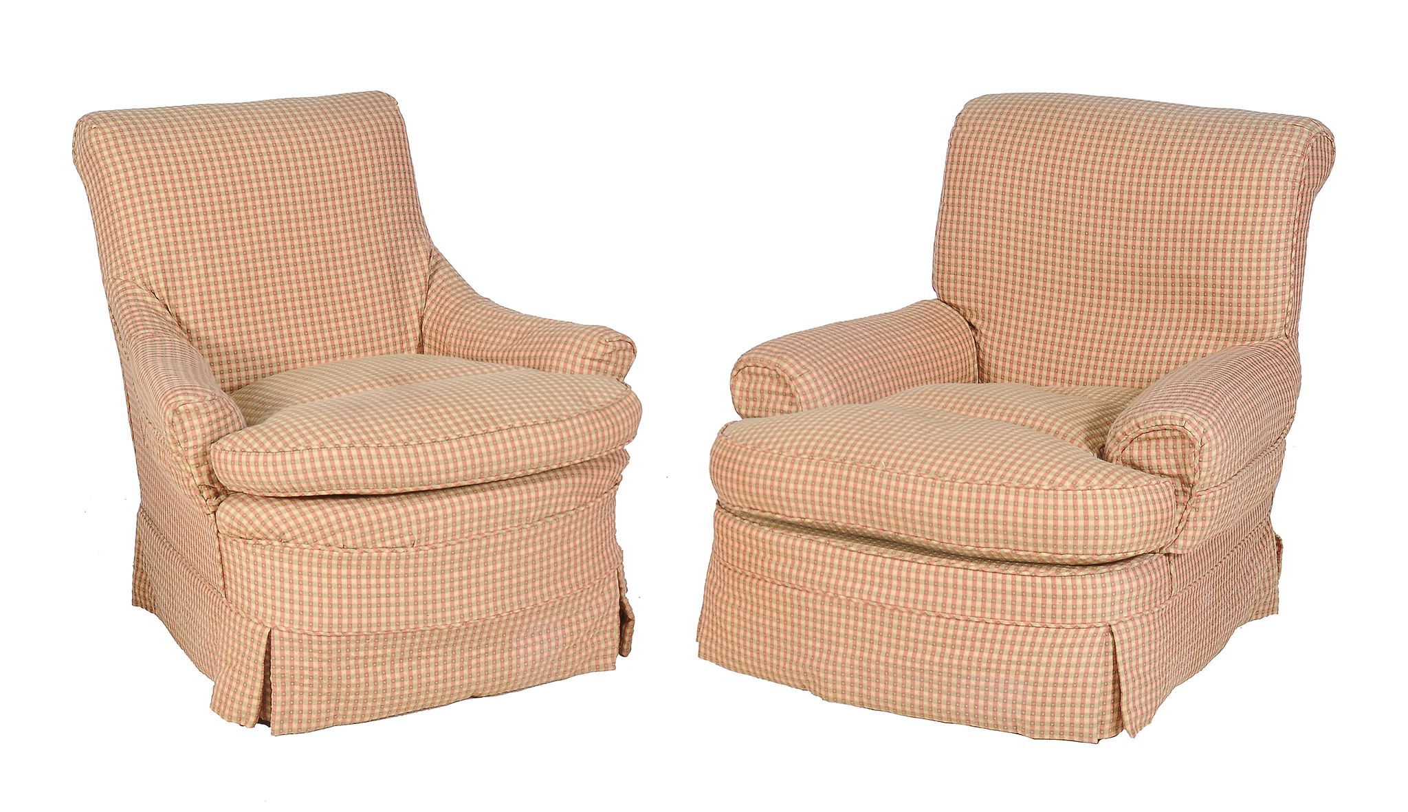 A pair of Victorian upholstered armchairs , late 19th century in the manner of Howard & Sons, each