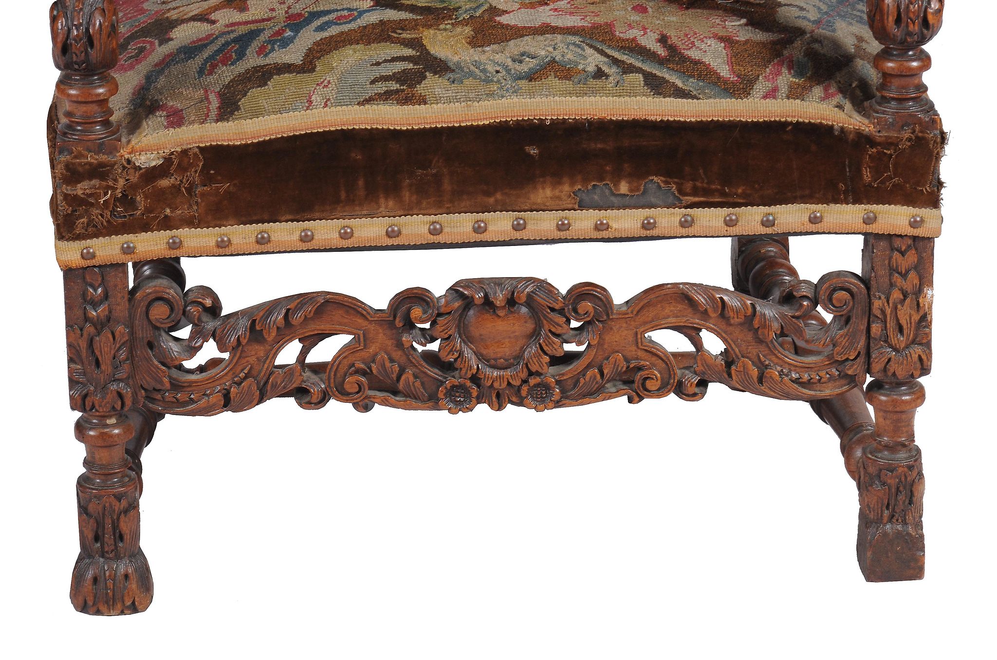 A Louis XIV carved walnut armchair, late 17th/ early 18th century, the rectangular back and seat - Image 4 of 4