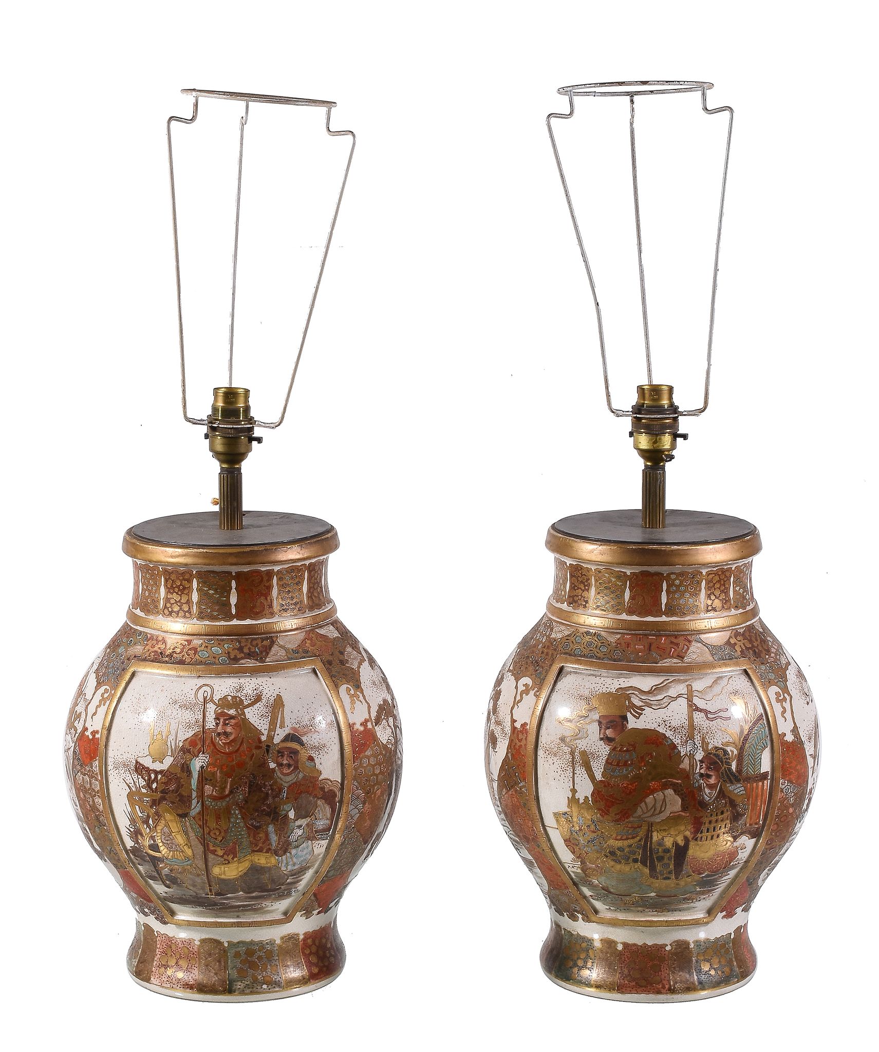 A pair of Japanese Satsuma porcelain vases fitted as table lamps, early 20th century, of bulbous