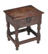 A Charles II oak box seat joint stool , circa 1660, 52cm high, 48cm wide, 37cm deep