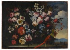 Manner of Jean-Baptiste Oudry, exotic birds beneath abundant floral arrangements, early 20th
