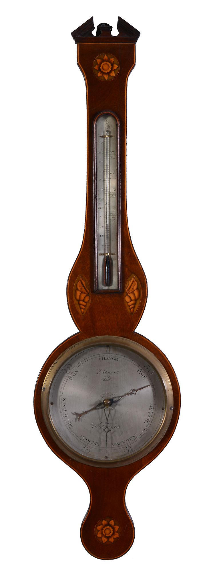 A George III inlaid mahogany mercury wheel barometer P. Aggeo, early 19th century With open