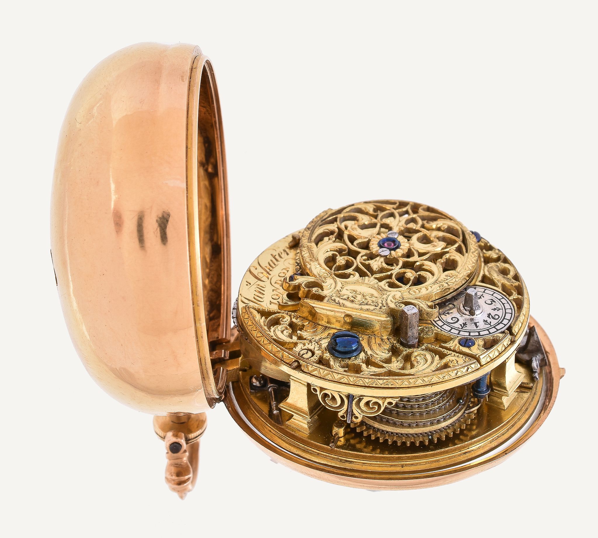 A George II gold pair-cased pocket watch with champleve dial and repousse outer case James Chater, - Image 5 of 5