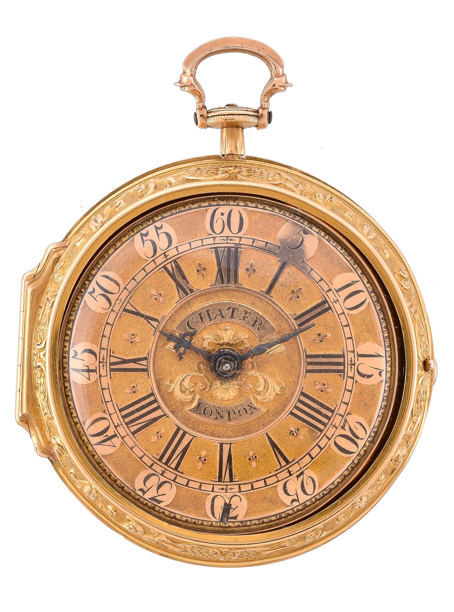 A George II gold pair-cased pocket watch with champleve dial and repousse outer case James Chater,