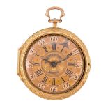 A George II gold pair-cased pocket watch with champleve dial and repousse outer case James Chater,