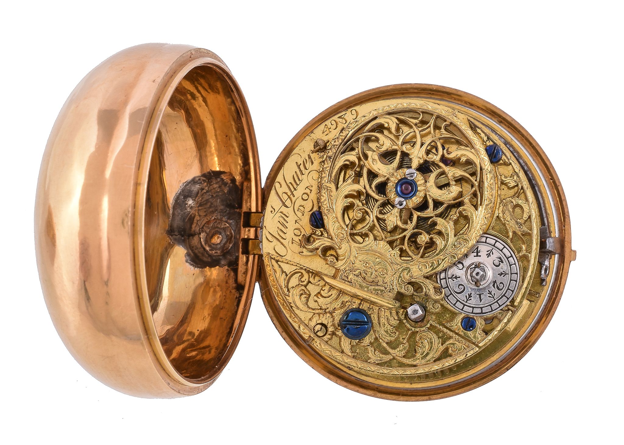 A George II gold pair-cased pocket watch with champleve dial and repousse outer case James Chater, - Image 4 of 5