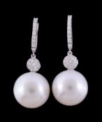 A pair of South Sea cultured pearl and diamond earrings, the 1.5cm South Sea cultured pearl below a