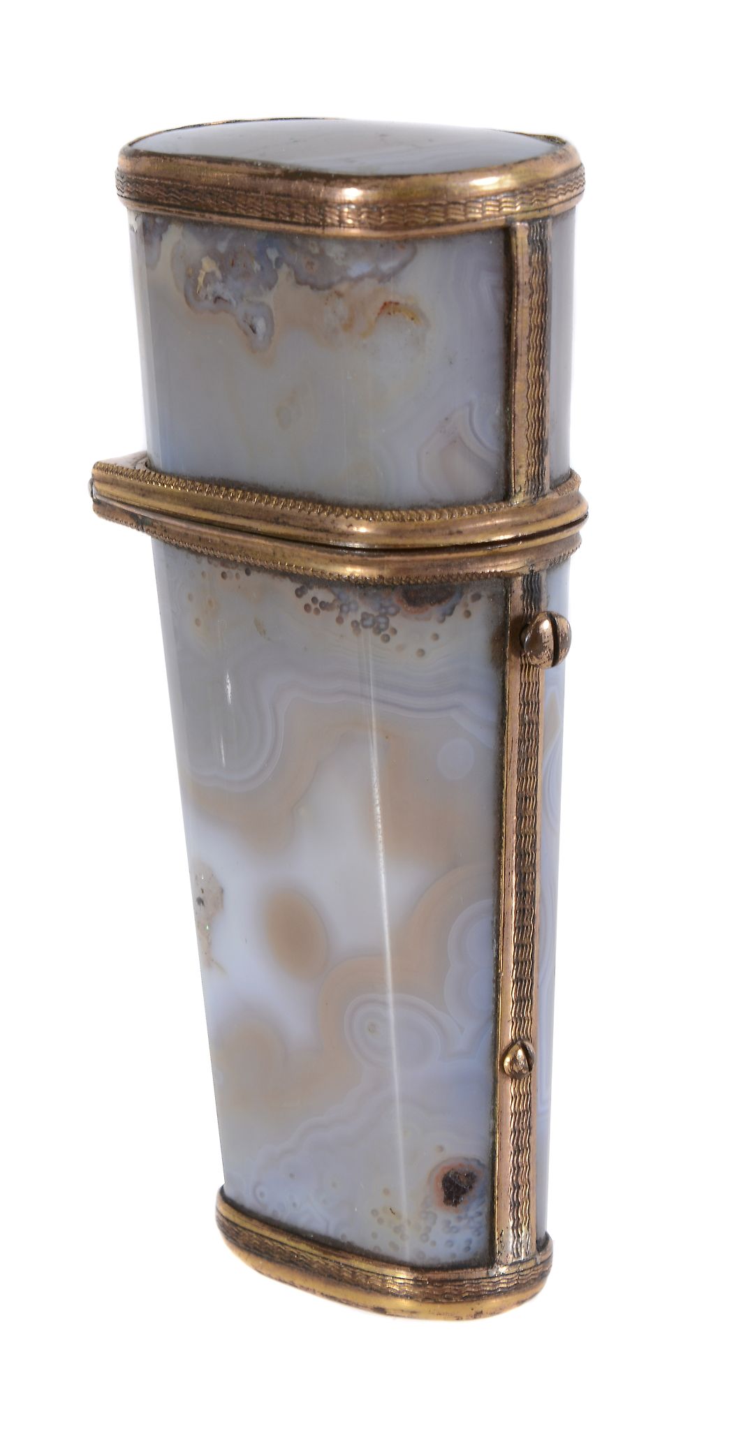 A late 18th century tapered oblong section agate necessaire, gilt metal mounted and containing a - Image 2 of 3