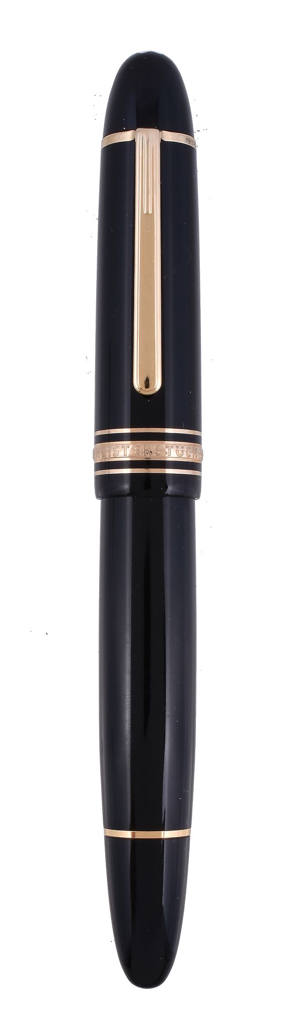 Montblanc, Meisterstuck, 149, a black lacquer fountain pen, the cap with a gilt metal clip and