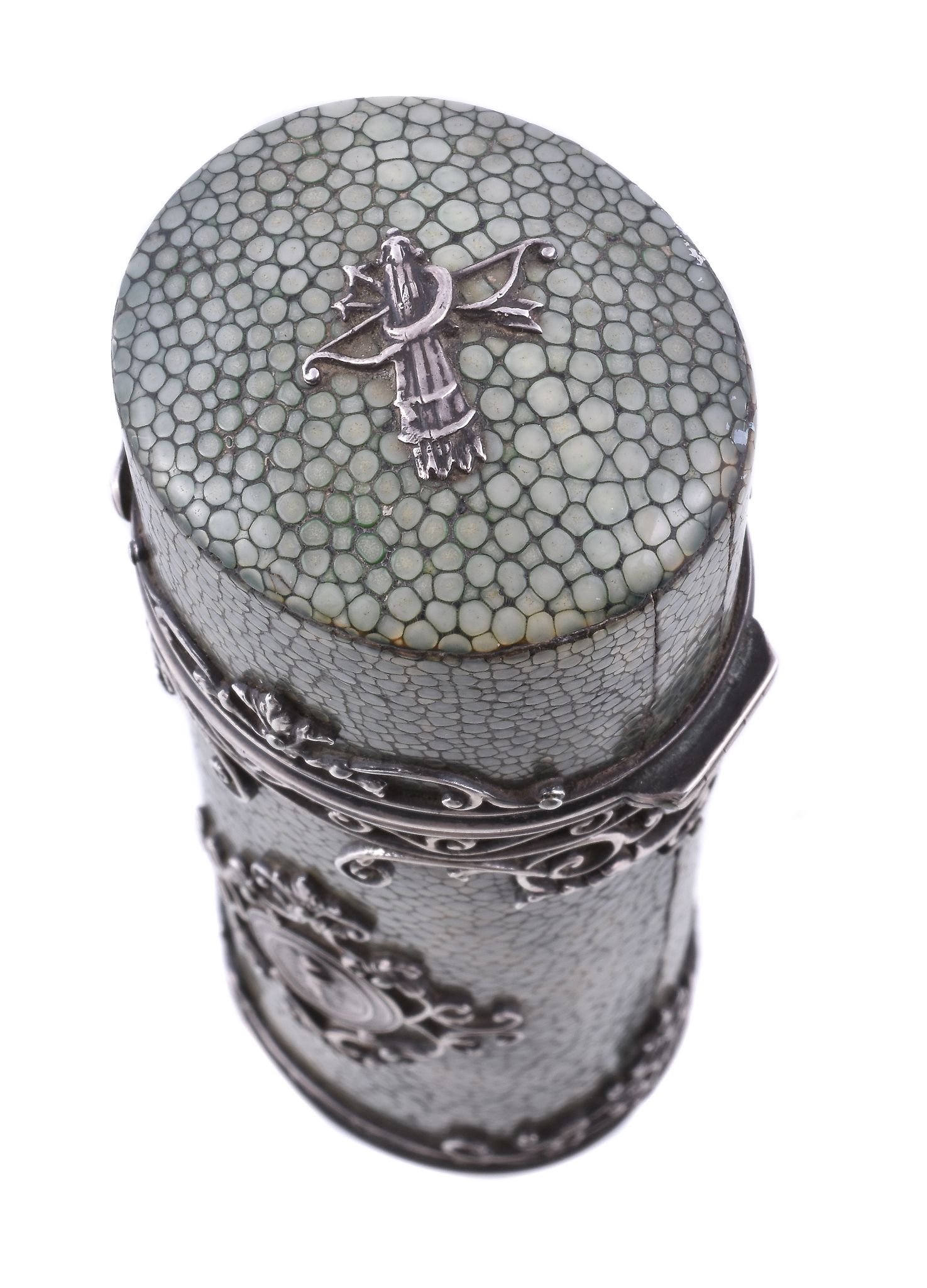 A silver mounted shagreen cylindrical etui case, unmarked, probably Continental, circa 1900, with - Image 3 of 4