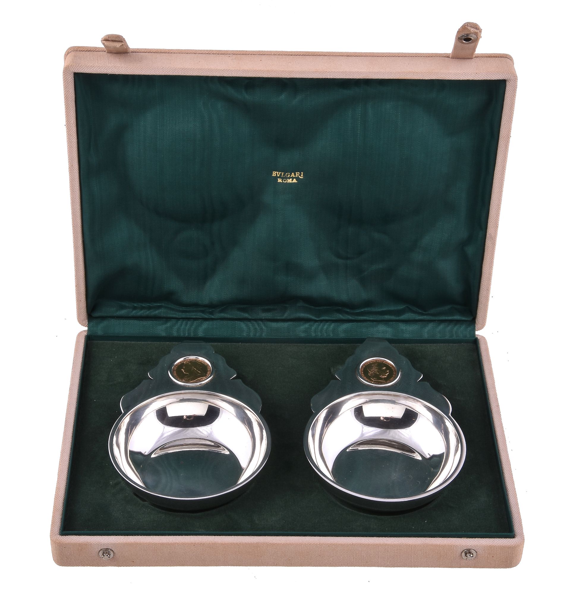 A pair of Italian silver coloured and gold coin mounted wine tasters, Rome 1944-68 .925 standard, - Image 2 of 4