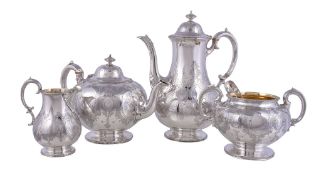 Ω A matched Victorian silver four piece baluster tea and coffee service, the tea pot and sugar basin