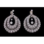A pair of diamond earrings, the open work hoops set with old brilliant cut diamonds and rose cut