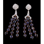 A pair of sapphire and diamond earrings, the chandelier style earpendants set with oval cut