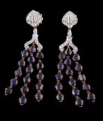 A pair of sapphire and diamond earrings, the chandelier style earpendants set with oval cut