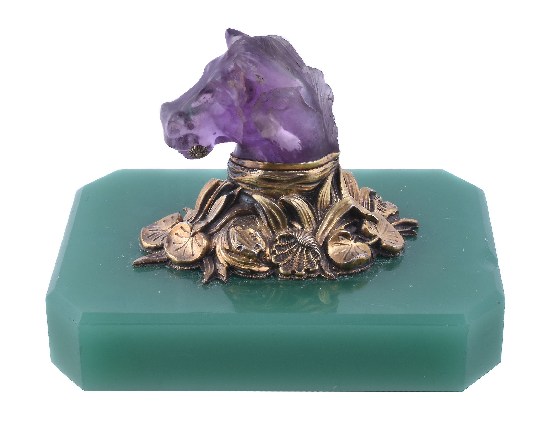 A French silver gilt mounted apple green glass desk paperweight, unmarked, circa 1900, with a - Image 3 of 3