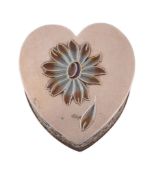 A Portuguese silver gilt and polychrome plique a jour enamel heart shaped box, maker's mark