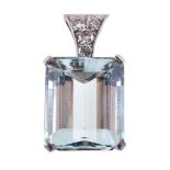 An aquamarine and diamond pendant , the step cut aquamarine with canted corners claw set below a