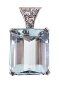 An aquamarine and diamond pendant , the step cut aquamarine with canted corners claw set below a