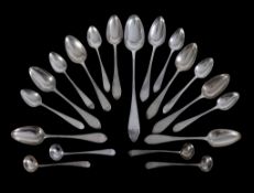 An assembled set of George III Scottish silver pointed old English flatware, engraved with a